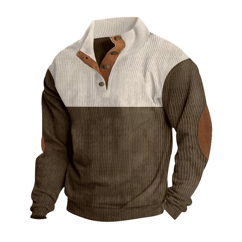 Herren nan Rippenstrickpullover mit Stehkragen Knopfleiste und Leder-Ellbogenpatches Drune