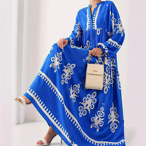 Damen langes Kaftankleid mit floralen Akzenten und Knopfleiste Drune