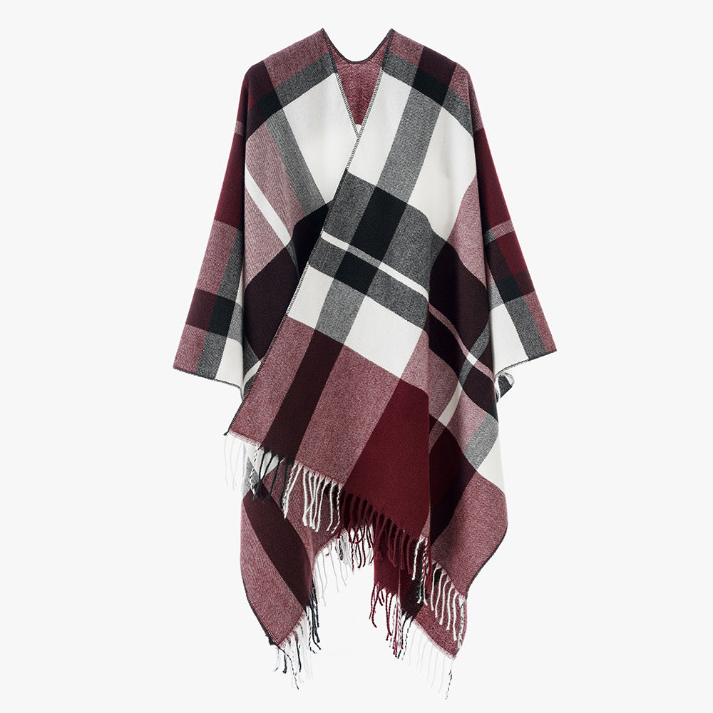Damen Oversize-Karoponcho aus weichem Wollmix mit Fransensaum Drune