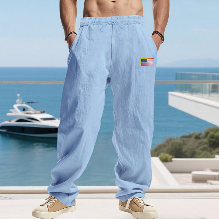 Herren Maritime Relaxed‑Fit Leinenoptik-Freizeithose mit Tunnelzug & Flaggen-Patch Drune