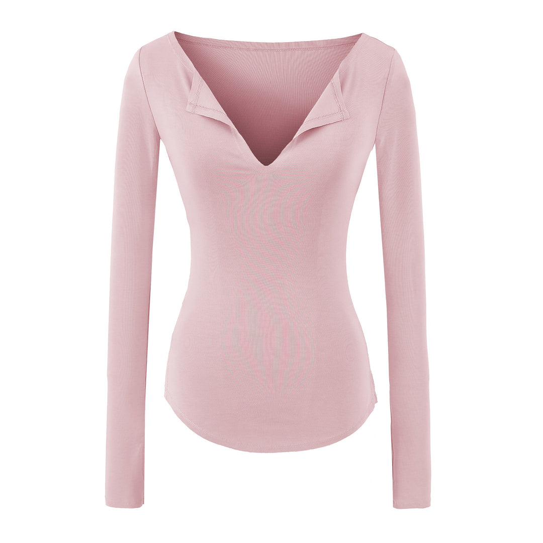 Damen Figurbetontes Rippenstrick-Longsleeve mit tiefem V‑Ausschnitt und Kragenblende Drune