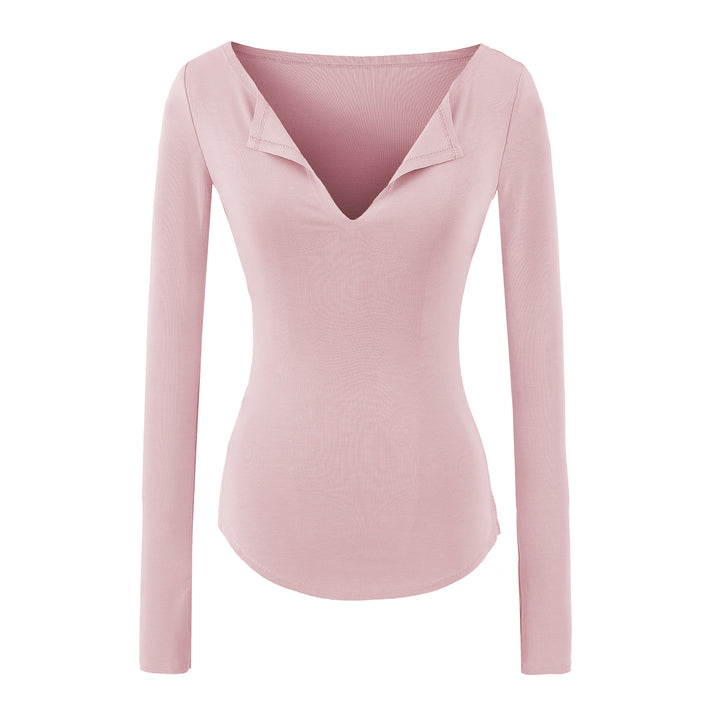 Damen Figurbetontes Rippenstrick-Longsleeve mit tiefem V‑Ausschnitt und Kragenblende Drune