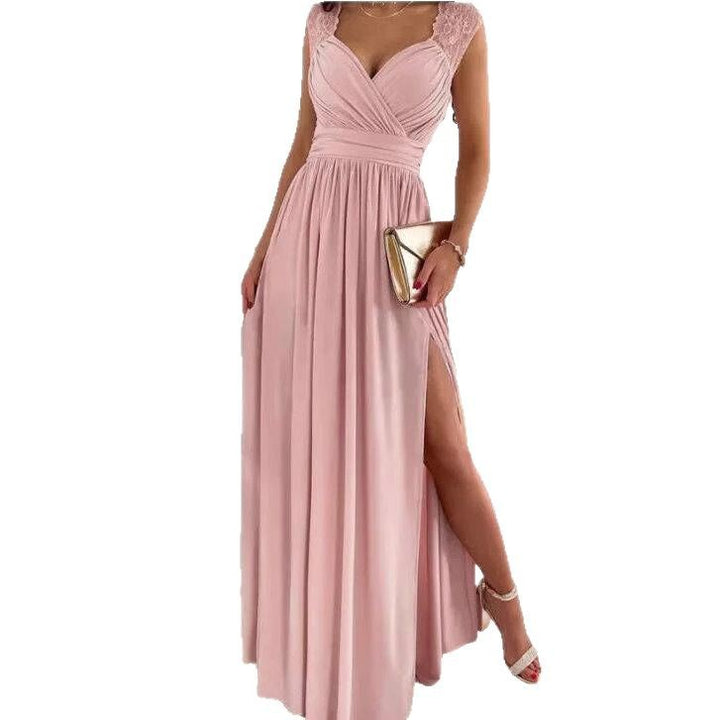 Damen Elegantes Maxikleid mit Spitzenoberteil und hohem Schlitz Drune