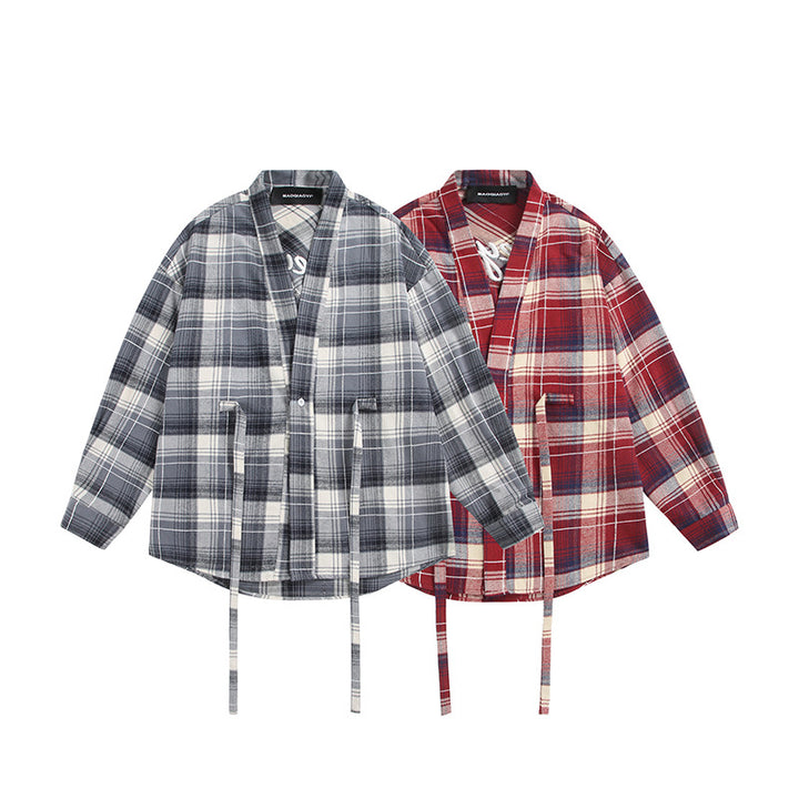 Damen Oversize Karo-Hemdjacke mit Kimono‑Schnitt, Tunnelzugbändern und aufgesetzten Taschen Drune