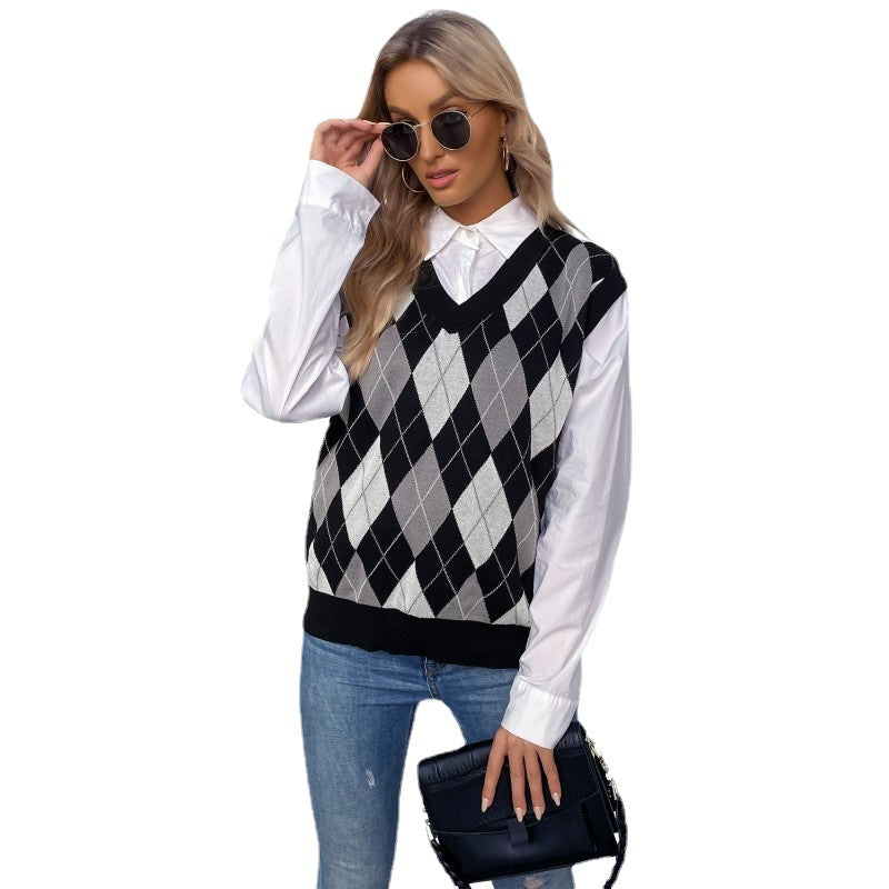 Damen Argyle-Strickweste mit V-Ausschnitt und lässiger Oversize-Passform Drune