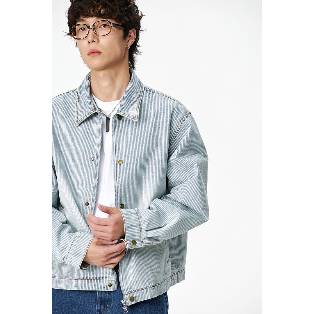 Unisex Gestreifte Oversize-Denimjacke im Worker-Stil mit Stehkragen und Zwei-Wege-Reißverschluss Drune