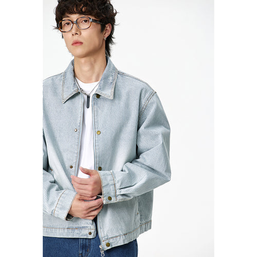 Unisex Gestreifte Oversize-Denimjacke im Worker-Stil mit Stehkragen und Zwei-Wege-Reißverschluss Drune