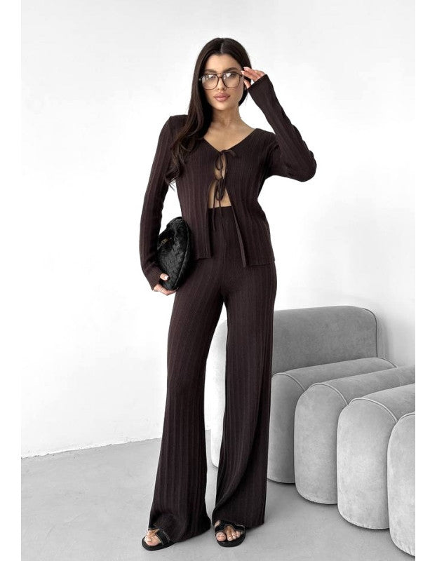 Damen Strickset mit V-Ausschnitt und Kordelzug Drune