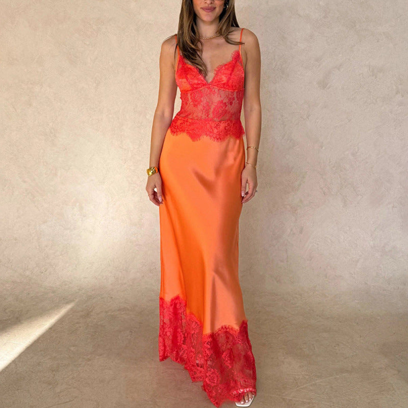 Damen Elegantes Nachtkleid mit transparentem Spitzeneinsatz und verstellbaren Trägern Drune