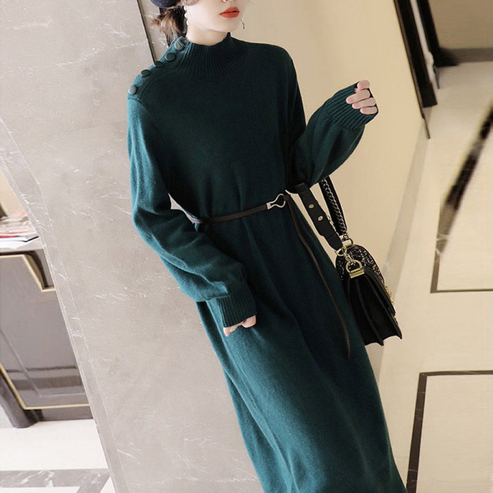 Damen Elegantes Strickmaxikleid mit hochgeschlossenem Kragen und dekorativen Knöpfen Drune