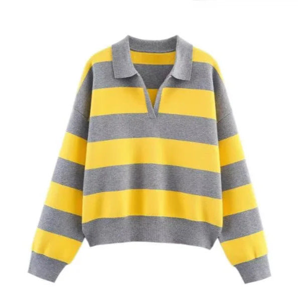 Damen nan oversized Rugby-Pullover mit Polokragen, V-Ausschnitt und breiten Streifen Drune