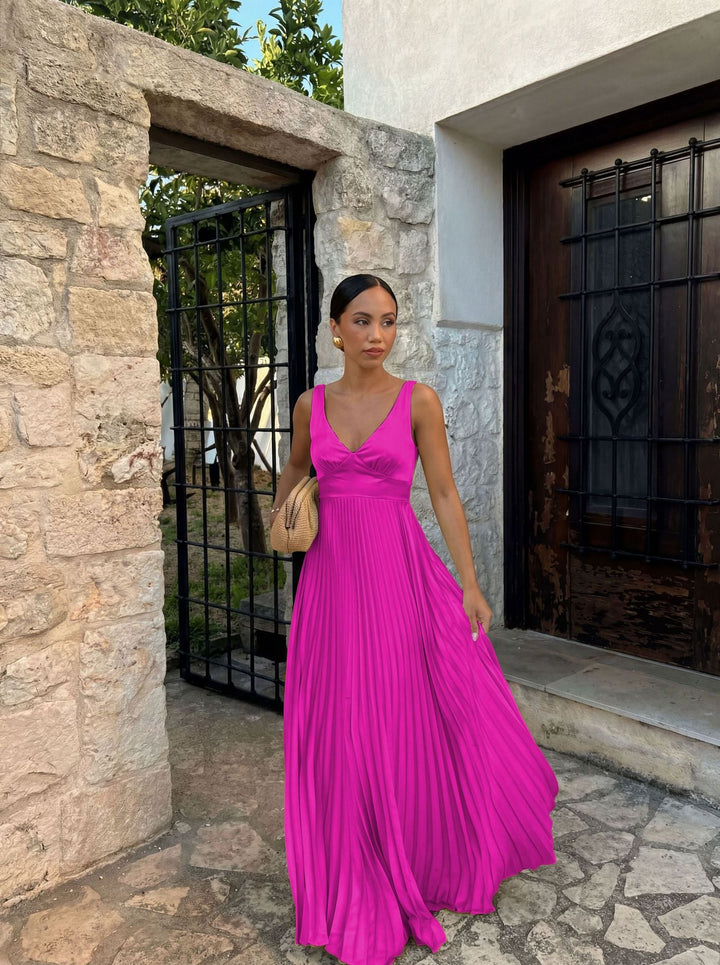 Damen Plisseekleid mit tiefem V-Ausschnitt und eleganter Silhouette Drune