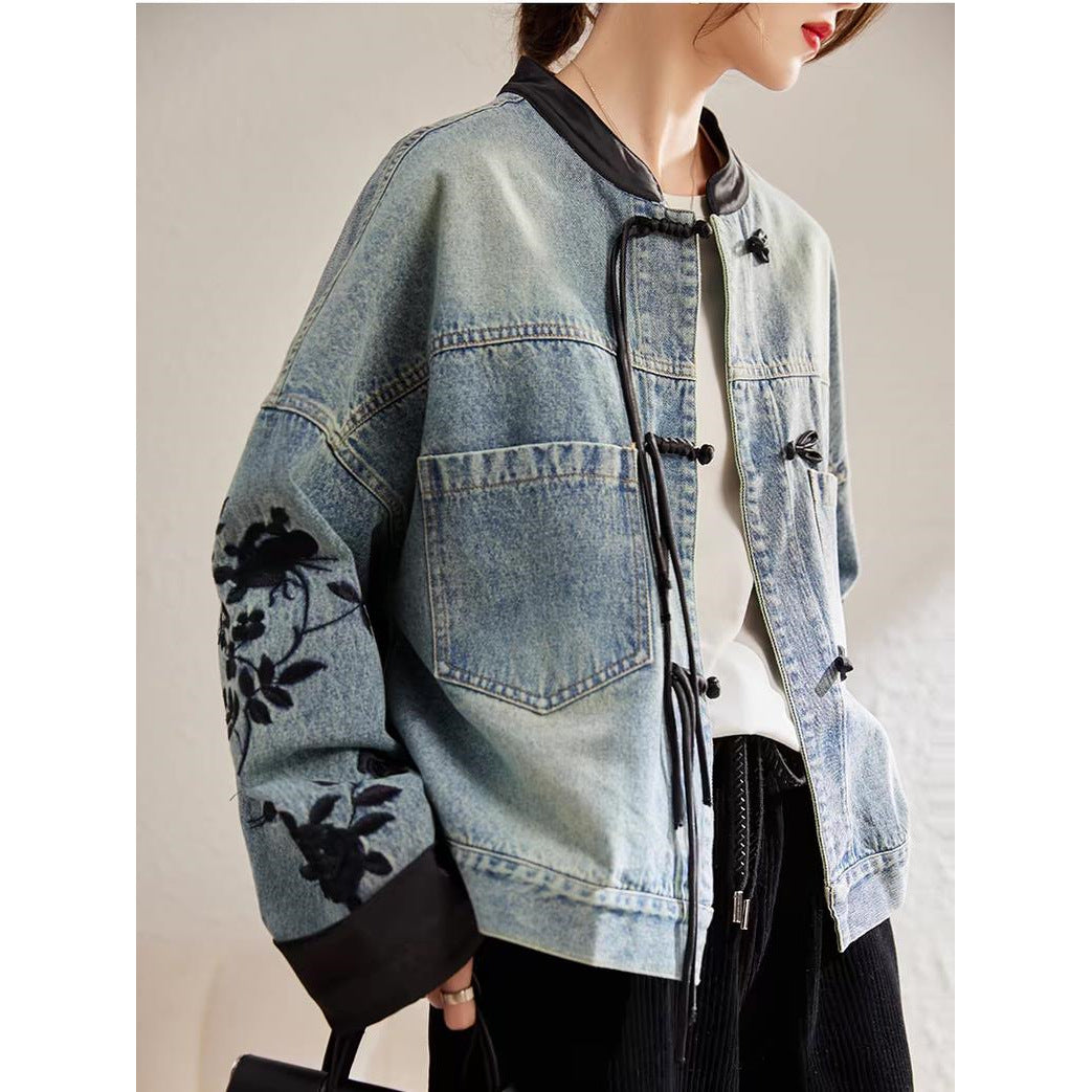 Damen modische Denimjacke mit floralen Stickereien und eleganten bündchen Drune