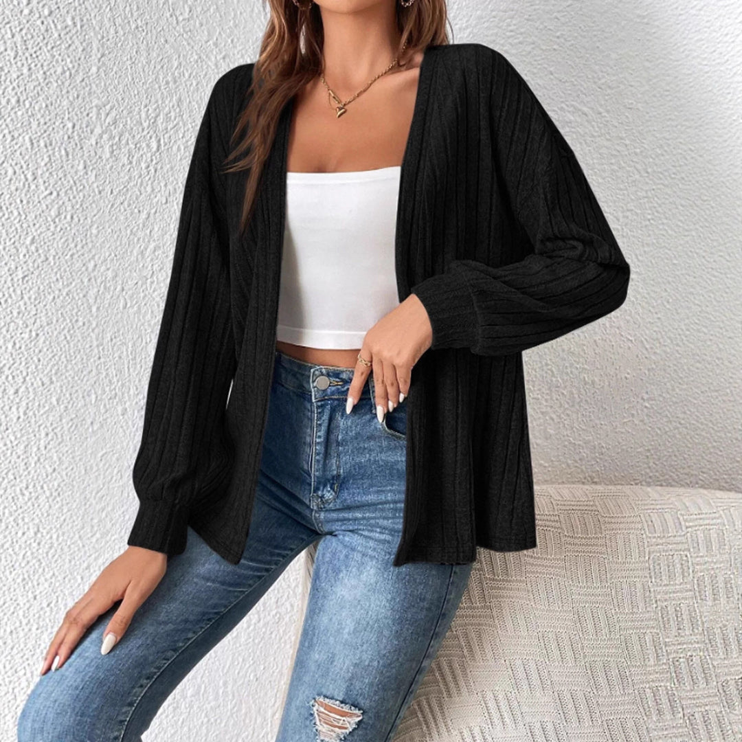 Damen Langer Rippstrick-Cardigan mit Ballonärmeln und offener Front Drune
