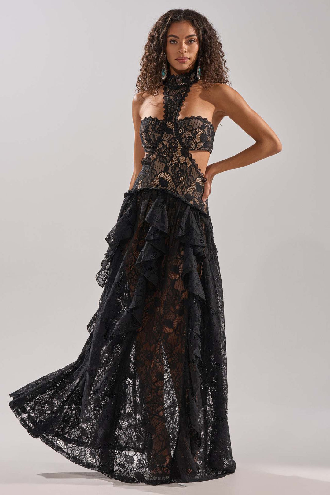 Damen elegante Spitzentraumkleid mit hochgeschlossenem Kragen und fließendem Rock Drune