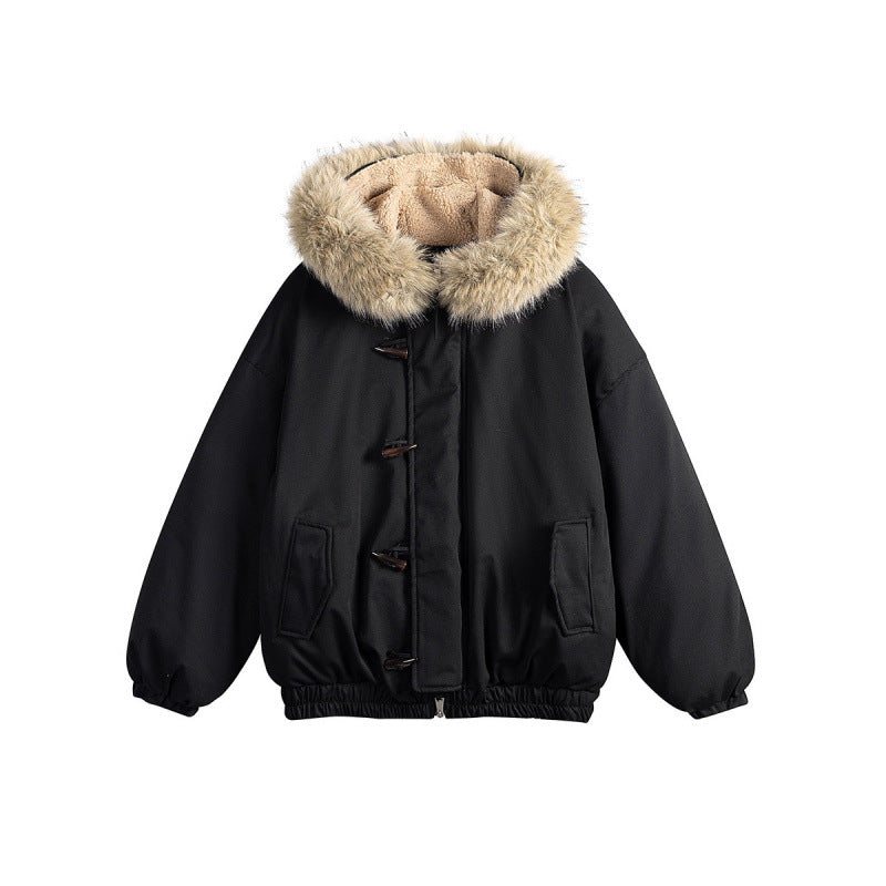 Unisex Gepolsterte Kapuzenjacke im Boxy‑Cut mit Teddyinnenfutter, Kunstfellkragen und Knebelverschlüssen Drune