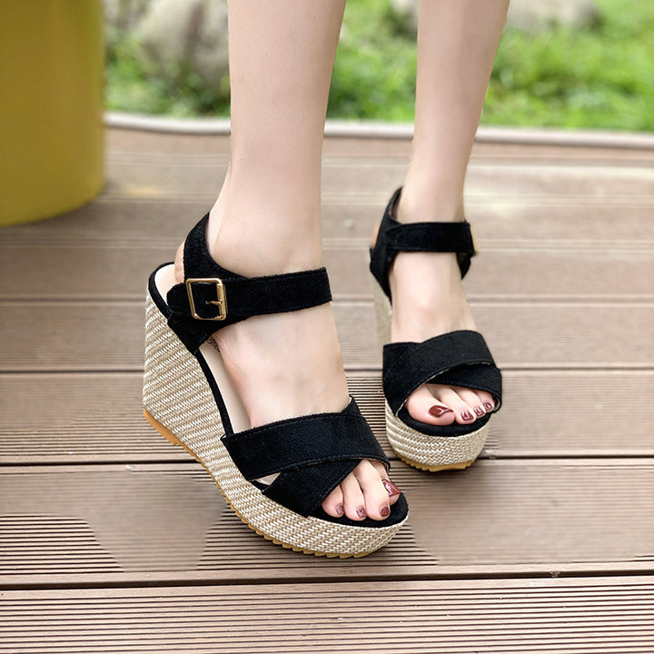 Damen nan Espadrille-Keilabsatz-Sandalette mit gekreuzten Veloursriemen und verstellbarer Schnallenlasche Drune