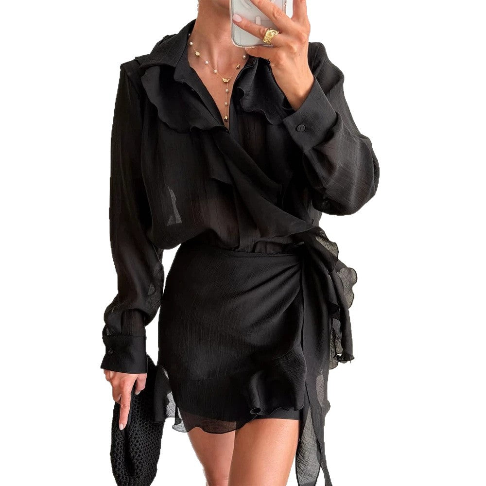 Damen Zweiteiliges feines Crinkle-Chiffon-Set mit Hemdbluse und Wickel-Volant-Minirock Drune
