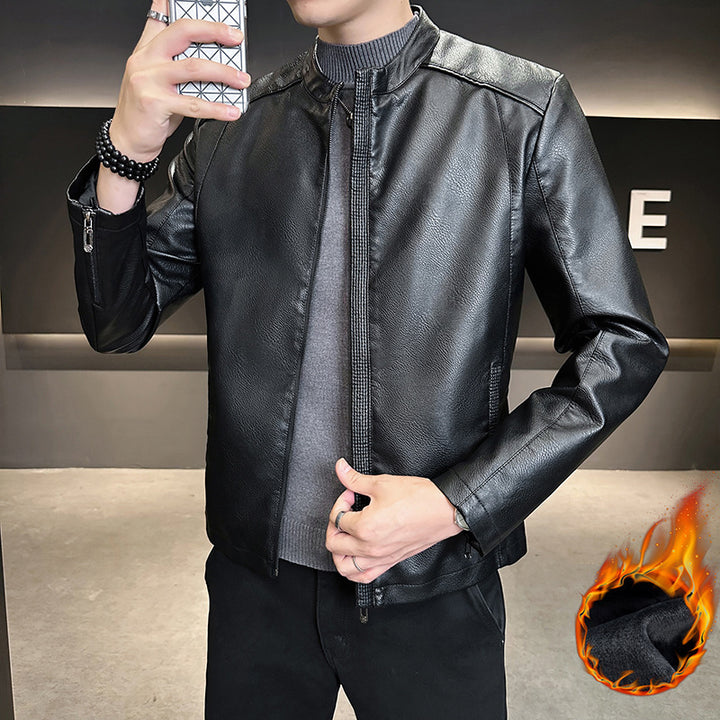Herren Modische Kunstlederjacke mit hohem Kragen Drune