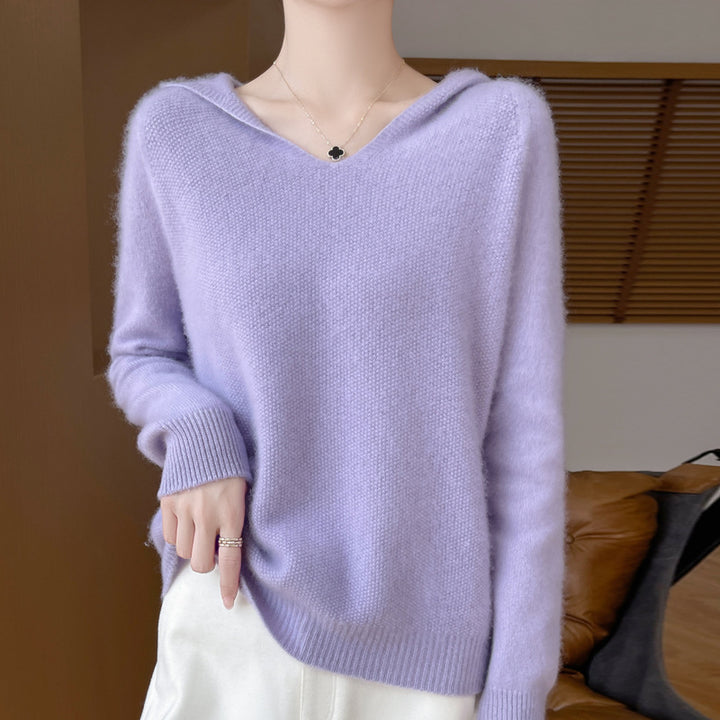 Damen Weicher Mohair‑Optik Kapuzenpullover mit V‑Ausschnitt und geripptem Saum Drune