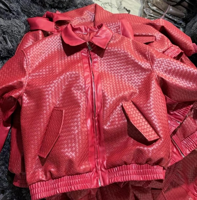 Damen modische Kunstleder-Bomberjacke mit strukturiertem Design und elastischem Bund Drune