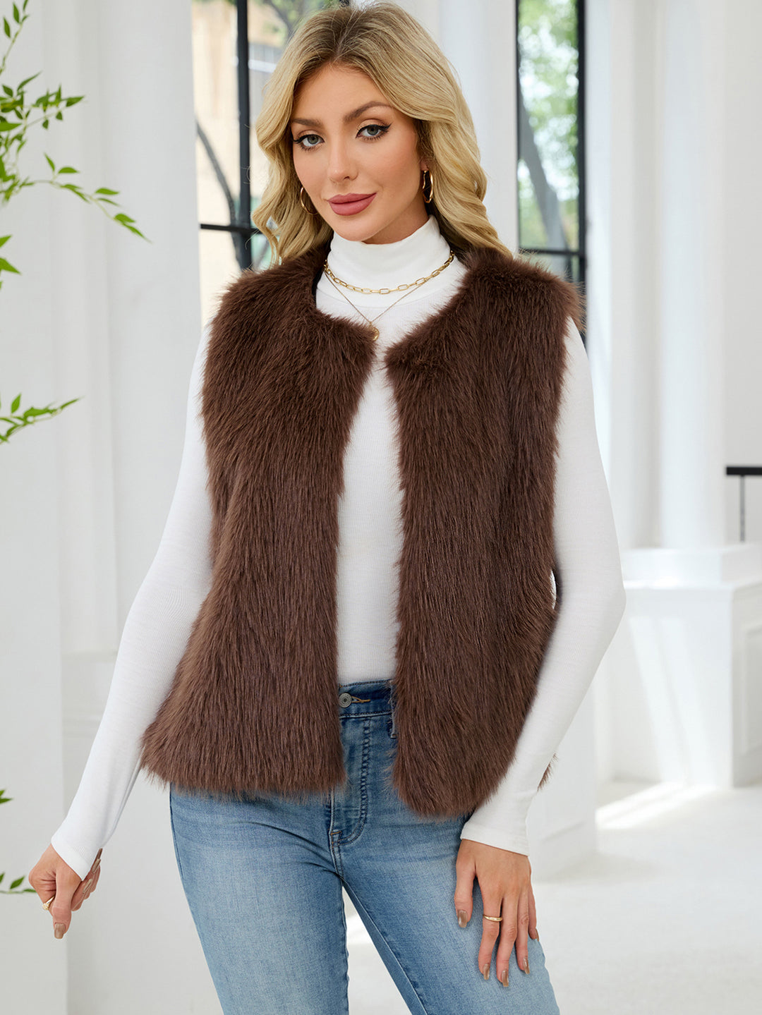 Damen Flauschige Kunstpelzweste mit voluminösem Kragen Drune