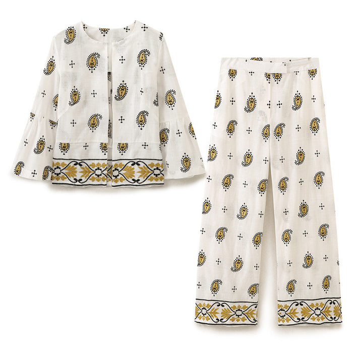 Damen weite Palazzo-Hose mit Paisley-Print und dekorativem Bordürensaum Drune