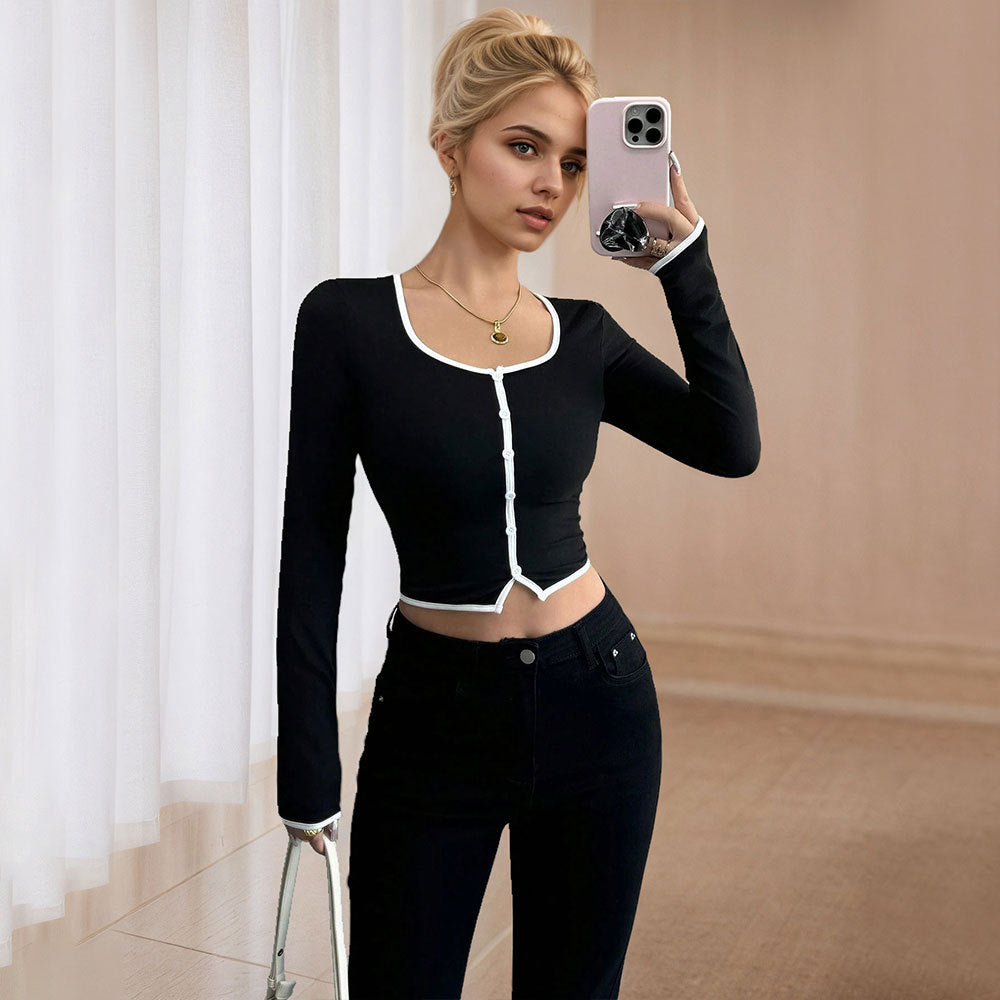 Damen cropped Langarmshirt mit feinem Knopfdesign und kontrastrierenden Saum Drune