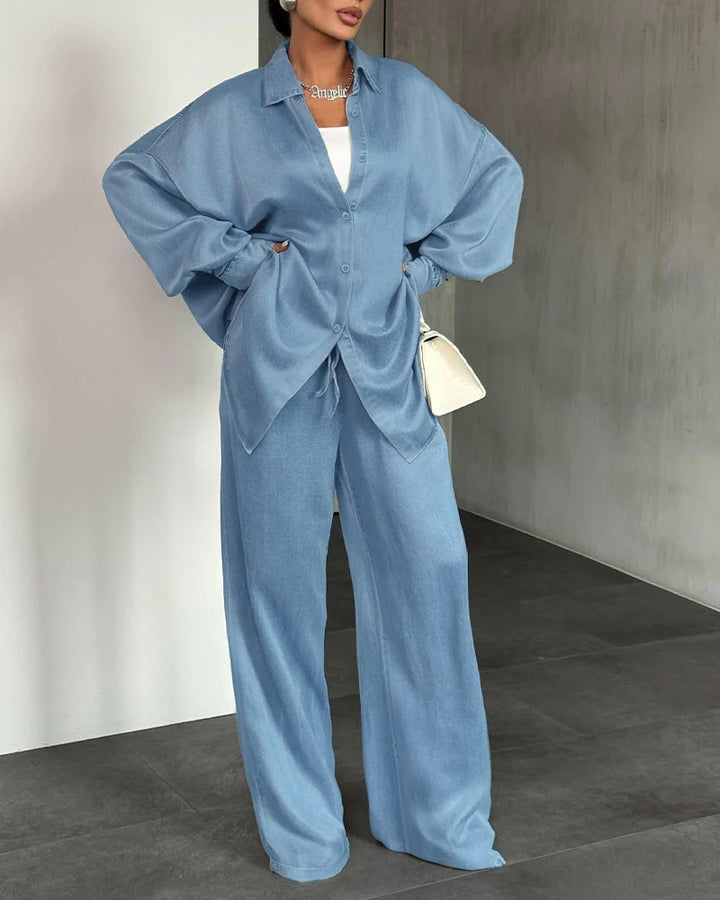 Damen Zweiteiliges Oversize-Hemd- und Palazzo-Set im fließenden Denim-Look Drune