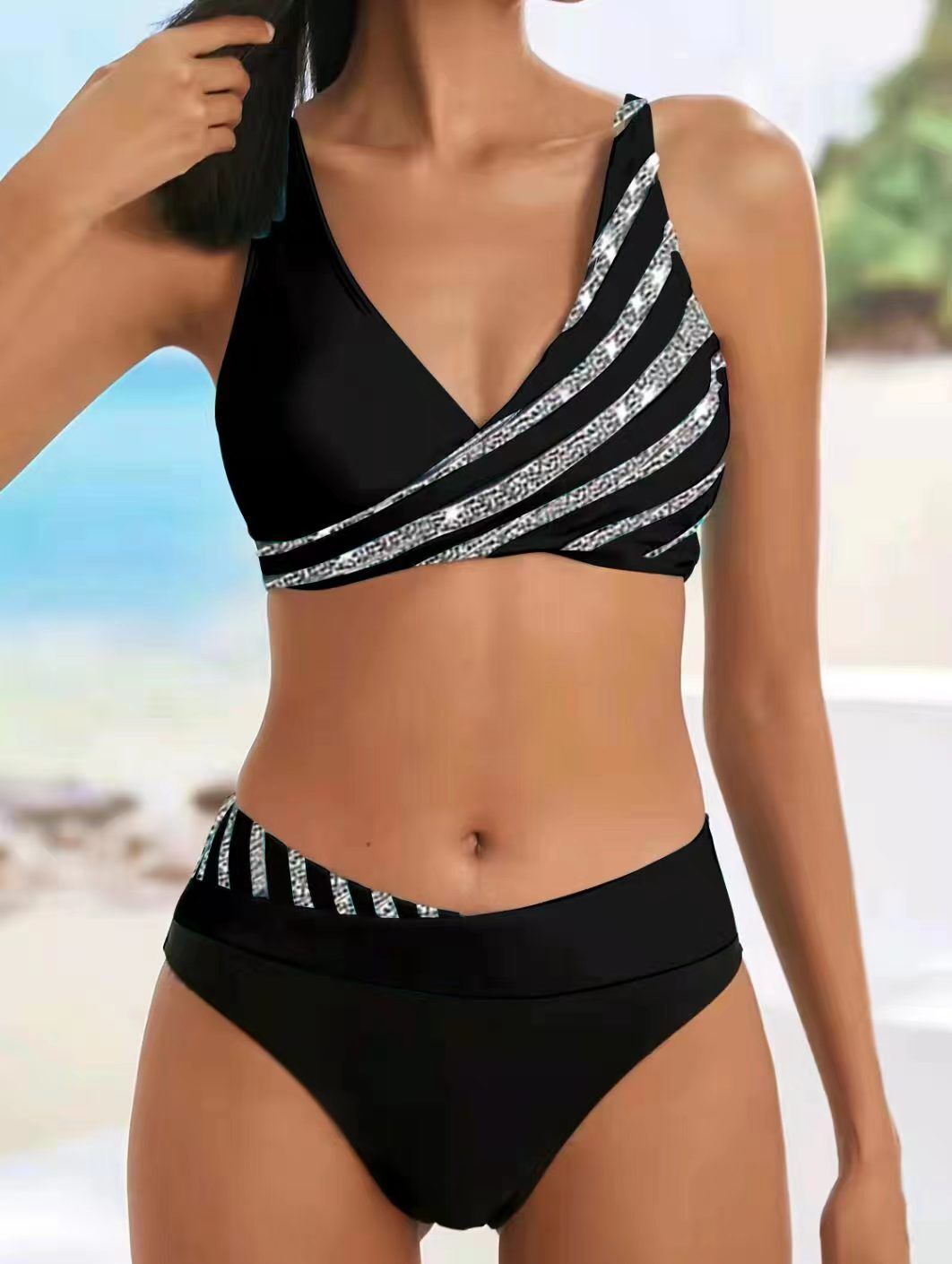 Damen Bikini-Set mit asymmetrischem Oberteil und Kontrast-Design Drune