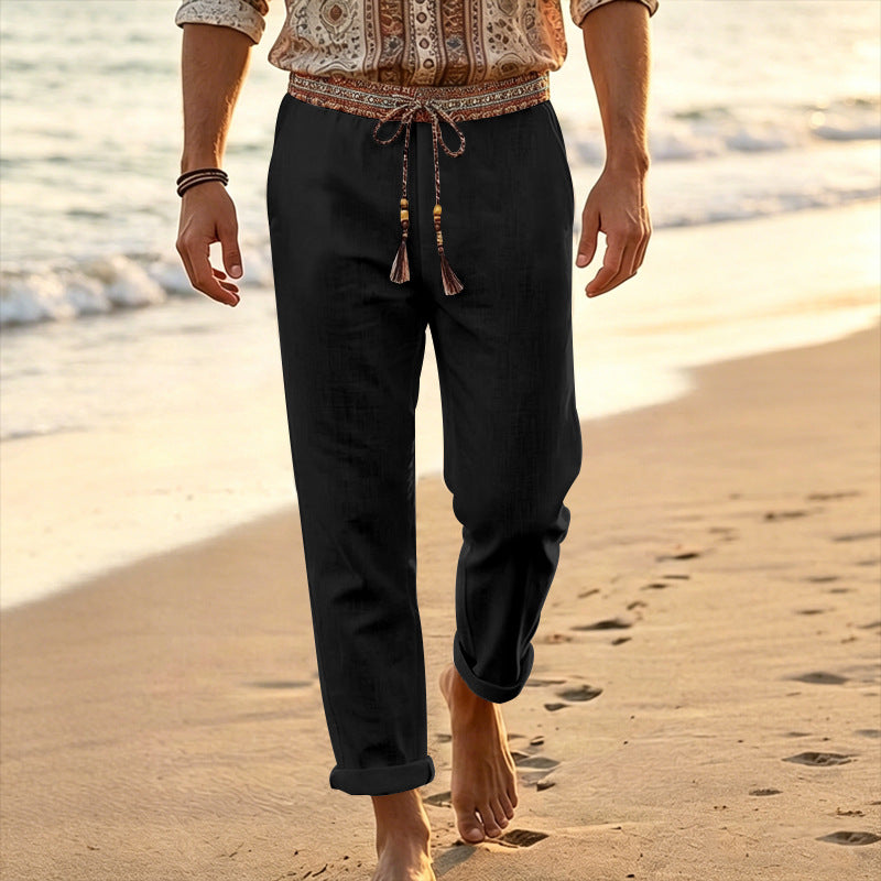Herren nan maritime Leinen-Loungehose mit dekorativem Ethno-Bund, elastischem Tunnelzug und geradem Bein Drune