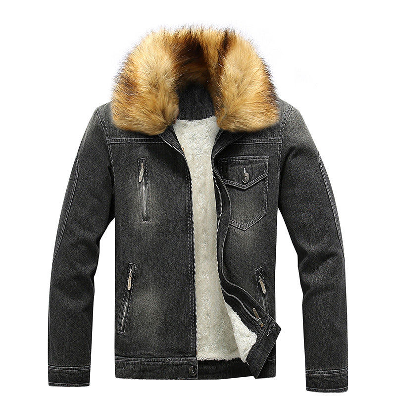 Herren Jeansjacke mit Teddyfutter, Kunstfellkragen und multifunktionalen Reißverschlusstaschen Drune