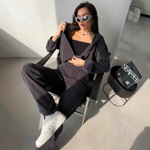 Damen Cropped Kapuzen-Set aus Ripp-Cord mit Gummizugbund und Relax-Jogginghose Drune