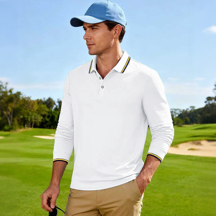 Herren Golf-Performance-Poloshirt langärmlig atmungsaktiv mit Kontrastkragen Drune
