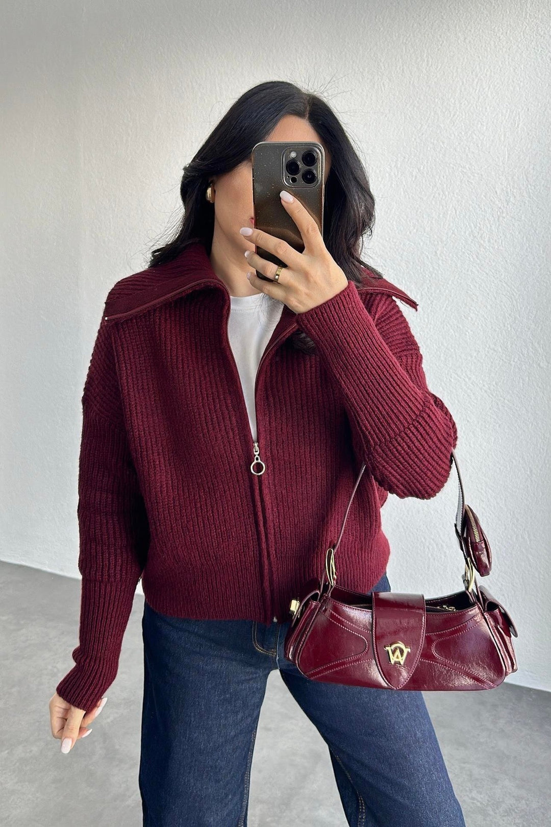 Damen Oversize Strickjacke mit Reißverschluss und hohem Kragen Drune