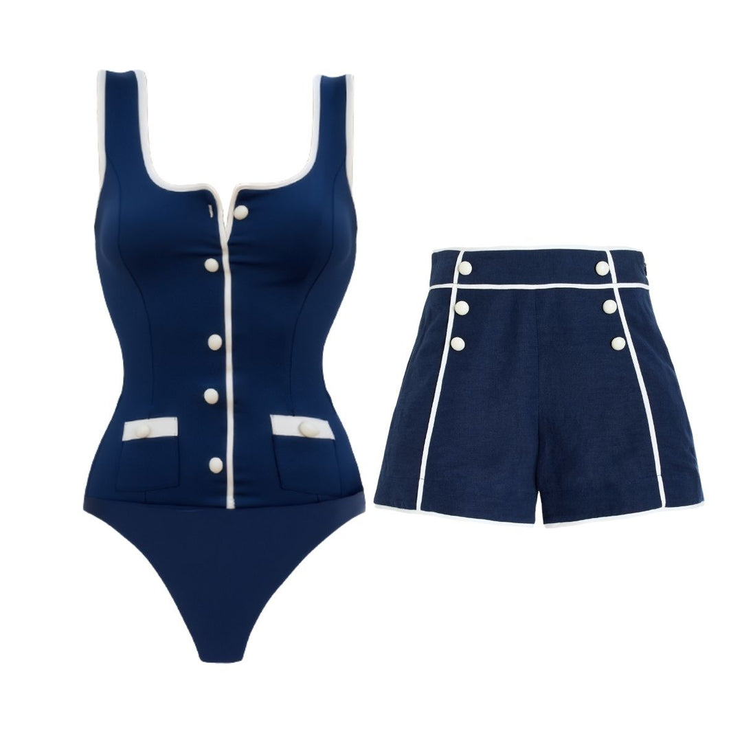 Damen Sportlicher Schwimmanzug mit Langarm und Knopfdetails Drune