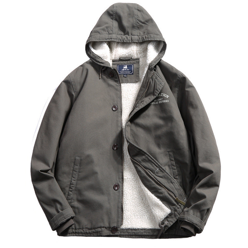 Herren Baumwoll-Canvas Kapuzenblouson mit durchgehendem Teddyfutter, verdeckter Knopf- und Reißverschlussleiste und Innentasche Drune