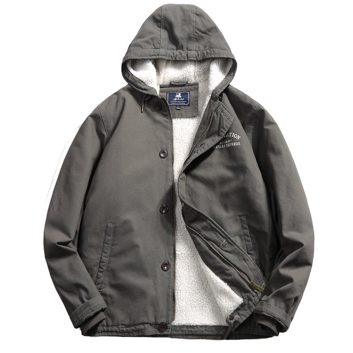 Herren Baumwoll-Canvas Kapuzenblouson mit durchgehendem Teddyfutter, verdeckter Knopf- und Reißverschlussleiste und Innentasche Drune