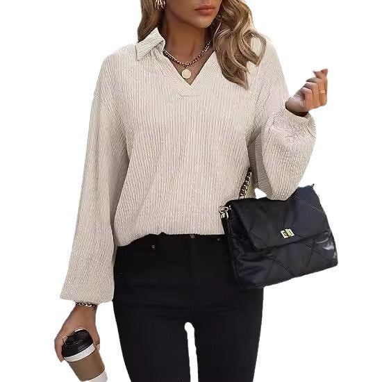 Damen Fleece-Microstruktur Pullover mit V-Ausschnitt und langen Ärmeln Drune
