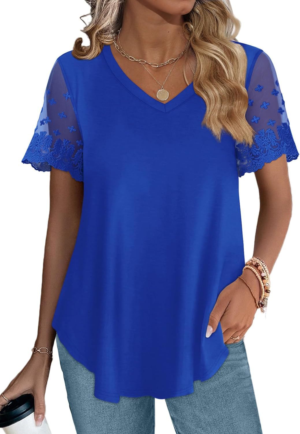Damen Bluse mit eleganten Spitzenärmeln und V-Ausschnitt Drune