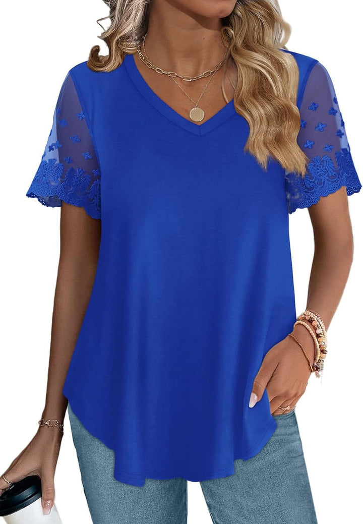 Damen Bluse mit eleganten Spitzenärmeln und V-Ausschnitt Drune