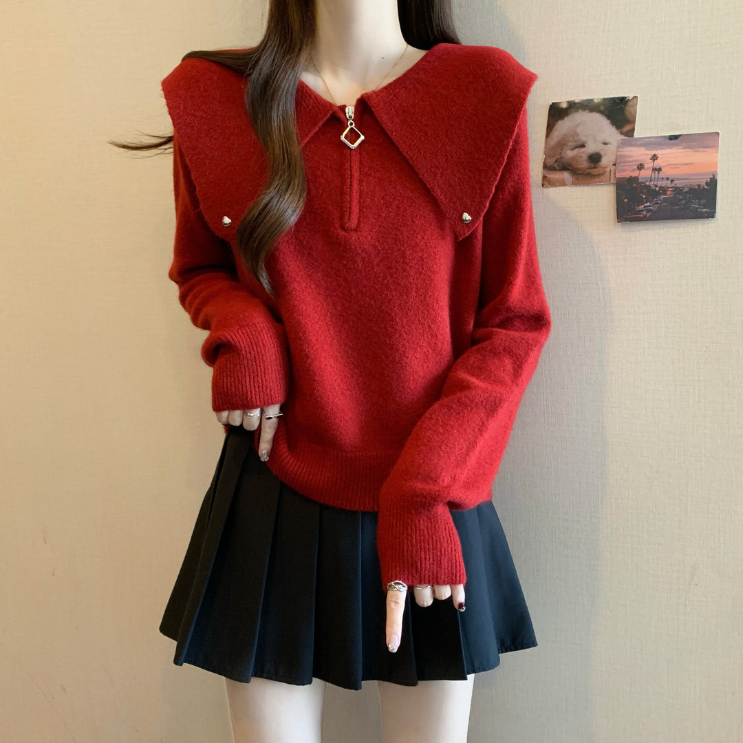Damen modischer Pullover mit apartem Reißverschluss und großem Kragen Drune