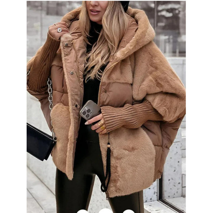 Damen nan gesteppte Kurzjacke mit Teddyfell-Einsätzen, Kapuze und integrierten Rippbündchen Drune