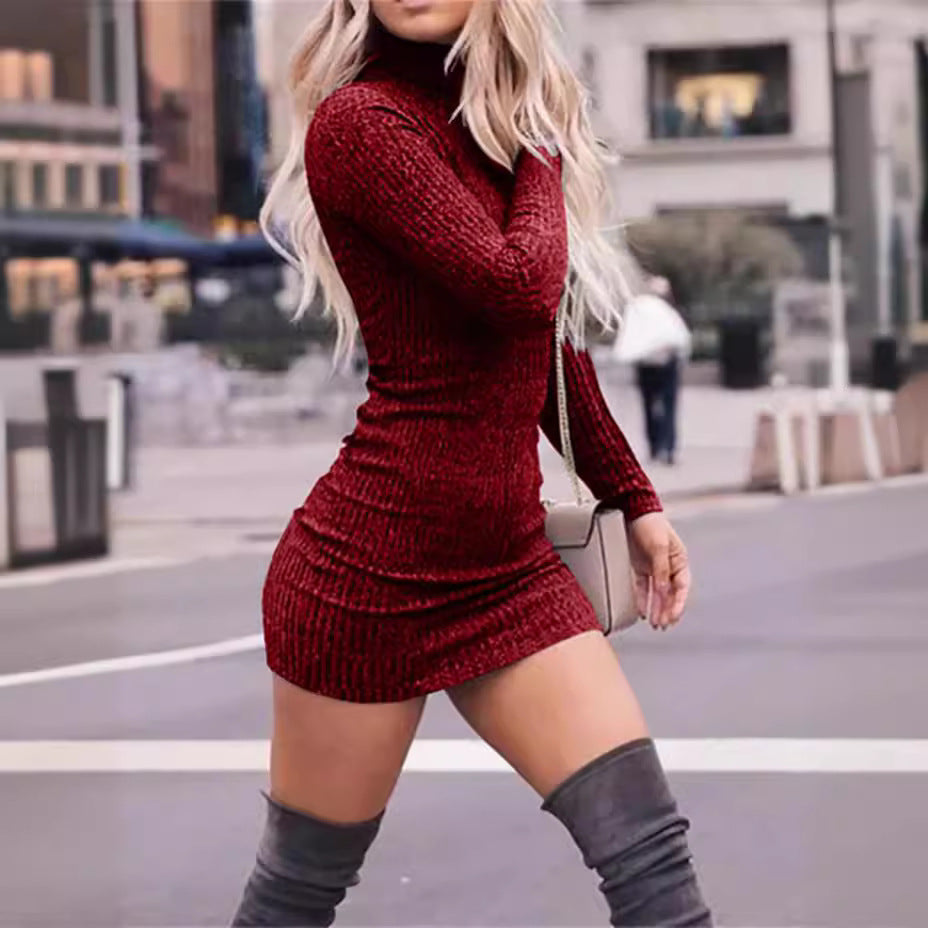 Damen nan figurbetontes gestricktes Rollkragen-Minikleid mit Rippstruktur Drune