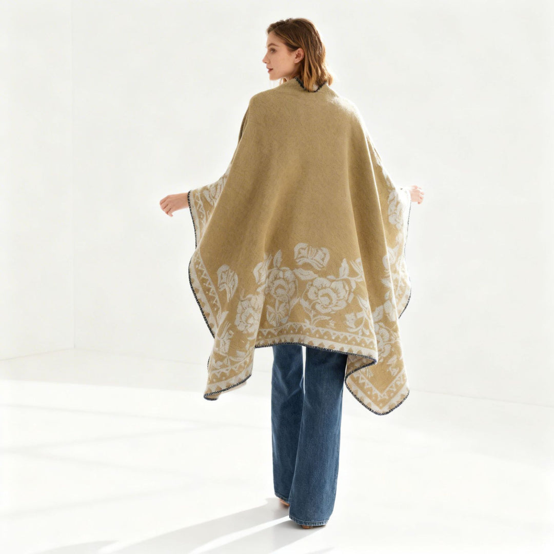 Damen Weicher Oversize-Capeponcho im Blumen-Jacquard mit kontrastierter Kettelkante Drune