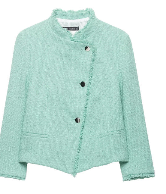Damen Cropped Bouclé‑Jacke mit asymmetrischer Knopfleiste und Fransensaum Drune