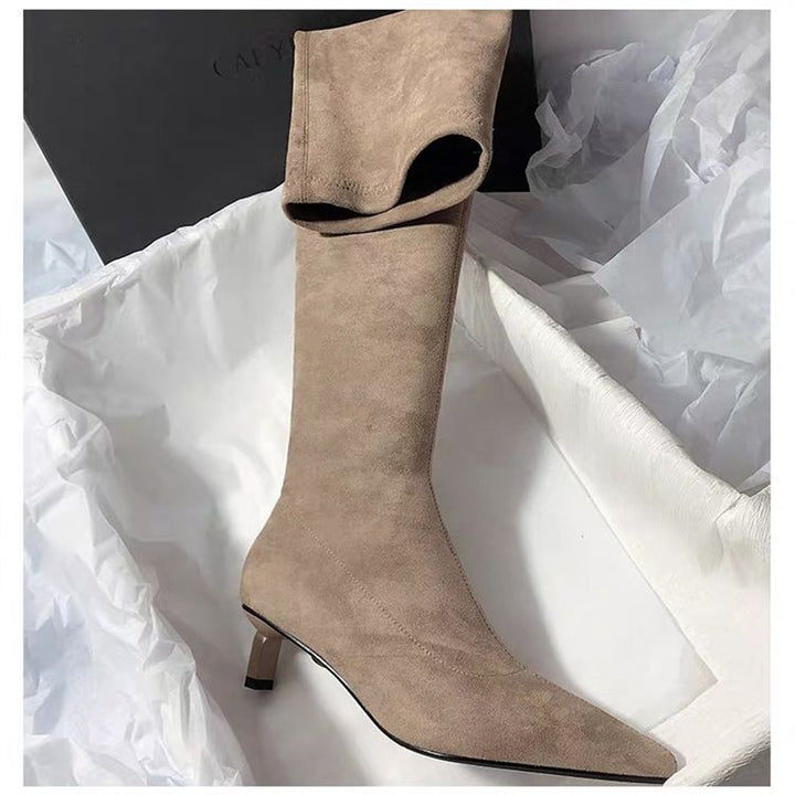 Damen Kniestiefel mit Umschlagschaft, spitzer Zehenform und Kitten‑Absatz Drune