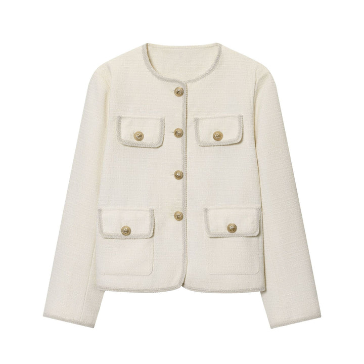 Damen nan kastige Bouclé-Jacke mit kontrastpaspel, vier Zier-Fronttaschen und goldenen Schmuckknöpfen Drune