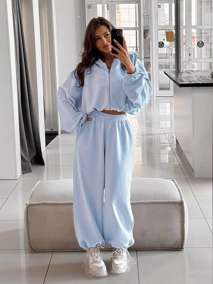 Damen nan oversized Kapuzenjacke mit durchgehendem Reißverschluss und Highwaist Gummibund-Jogginghose Set Drune