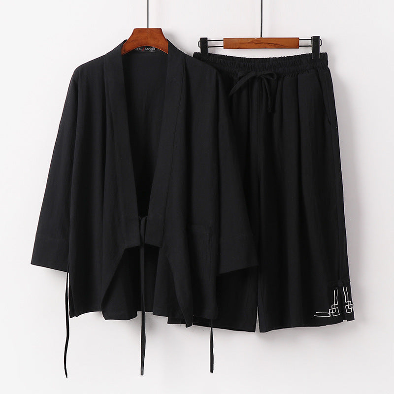 Damen Zen-Kimono-Lounge-Set aus atmungsaktivem Baumwollmix mit Bindebandjacke und weiten Culotte-Hose Drune
